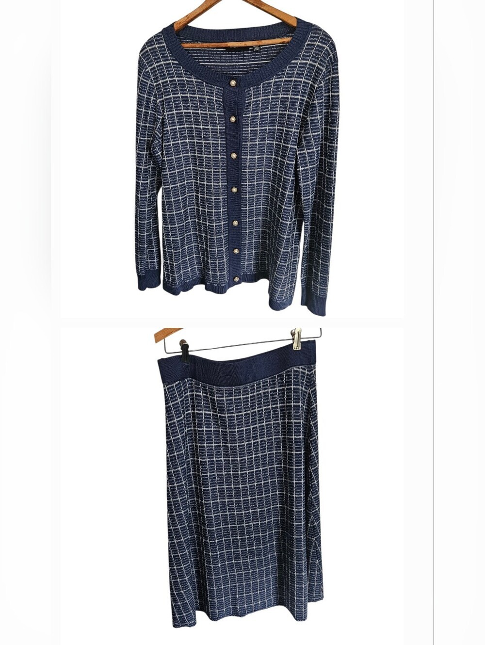 Nina Leonard Blue Moon Ivory two piece cardigan and a-line skirt set, medium